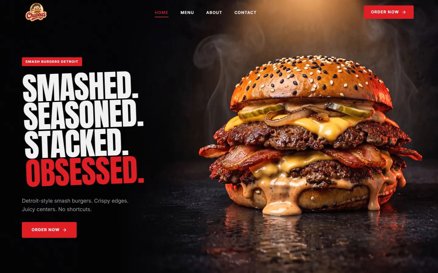 Chubbys Smash Burgers website concept, homepage screenshot