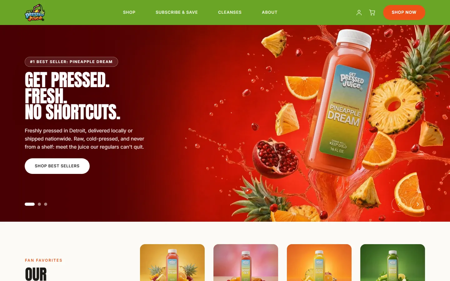 Get Pressed Juice website concept, homepage screenshot