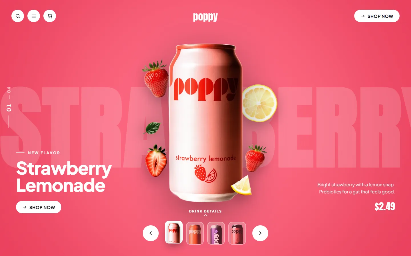 Poppy feel-good soda website concept, homepage screenshot